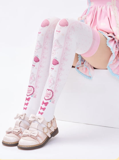 Red Apple and Bow Print Over Knee Stockings