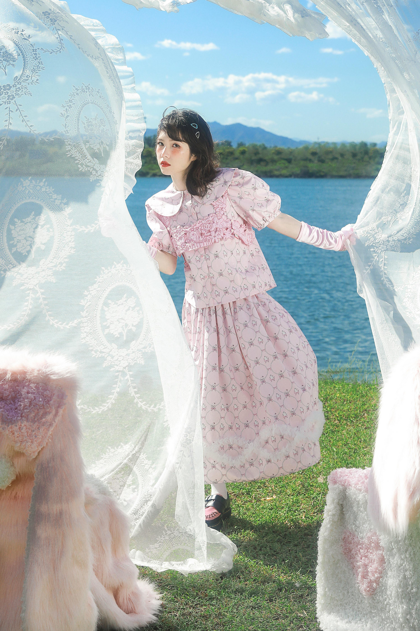 メッシュパールウェーブプリントピンクアニマルスカート