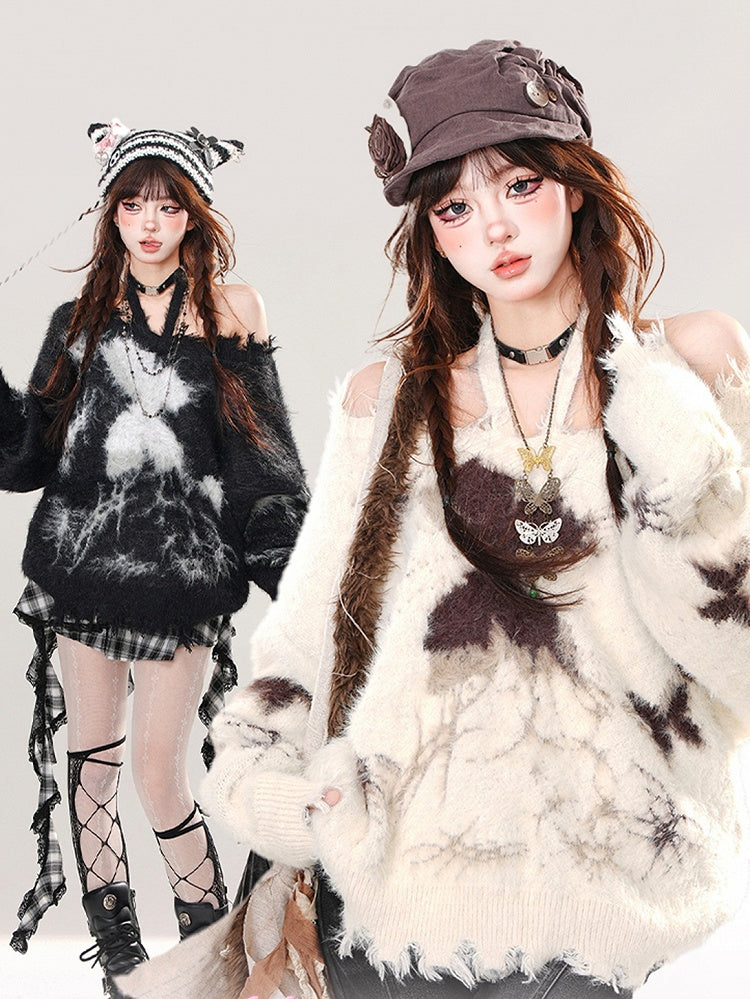 Apricot/Schwarz Schmetterlinge Neckholder Mohair Lose Pullover