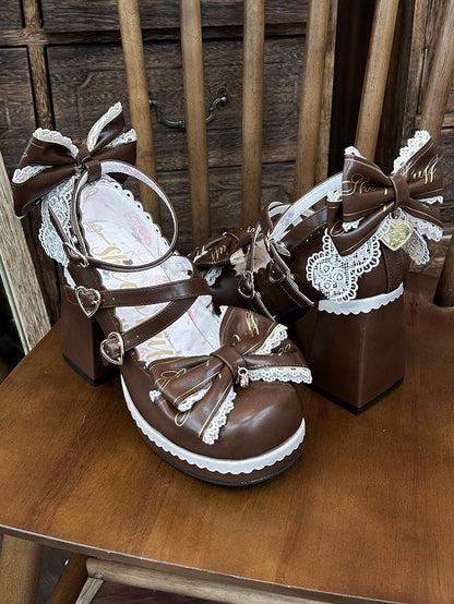 Herz Block Abnehmbare bei Hohe Kreuz Braun Schnallen Design Top Heels Bogen