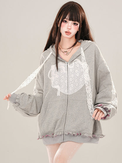 Grey  Lace Applique Ruffle Trim Zip Hoodie