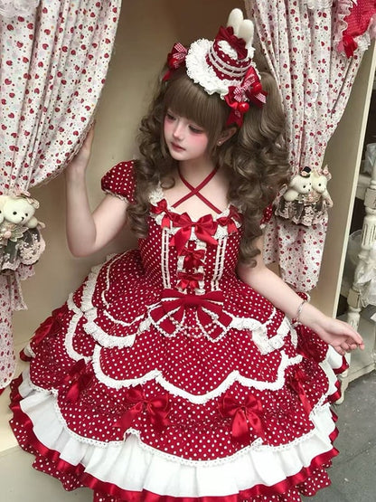 Ruffled Polka Dot Decorations Bow Dress OP Red Lolita Cute with
