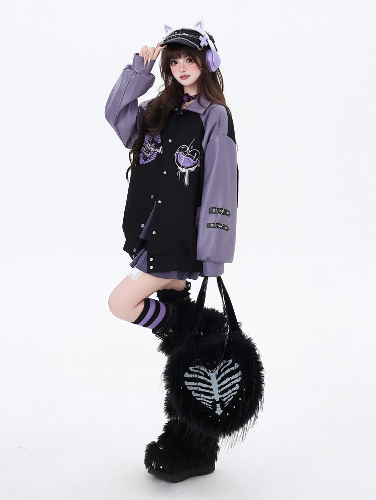 Sleeve Straps Baseball Buckle Embroidery Heart Jacket Purple with Graffiti Black PU