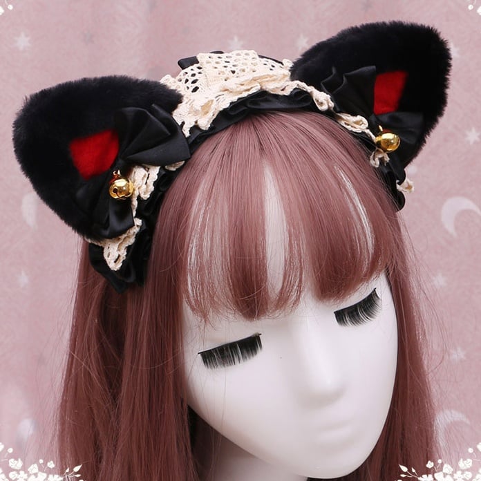 4 Clochette Kitty Lolita en peluche noire avec décorations colorées, dentelle mignonne et oreilles à nœuds rouges