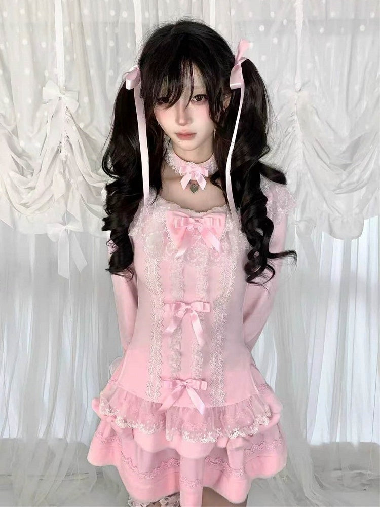 Pink Lace Bow-Trimmed Long-Sleeved Dark Fashion Top with Choker - HBreaker