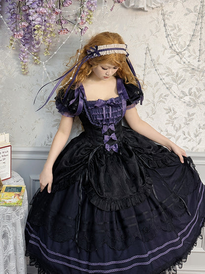 Schwarz-lila Jacquard-Rock mit Kordelzug und quadratischem Ausschnitt, klassisches Lolita-Kleid