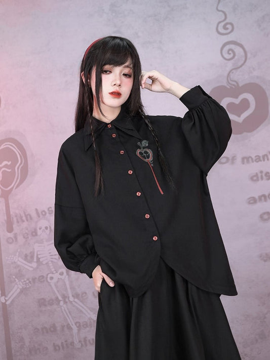 Asymmetrical Black Apple Hem Embroidery Sleeve Long With Shirt Curved Gothic