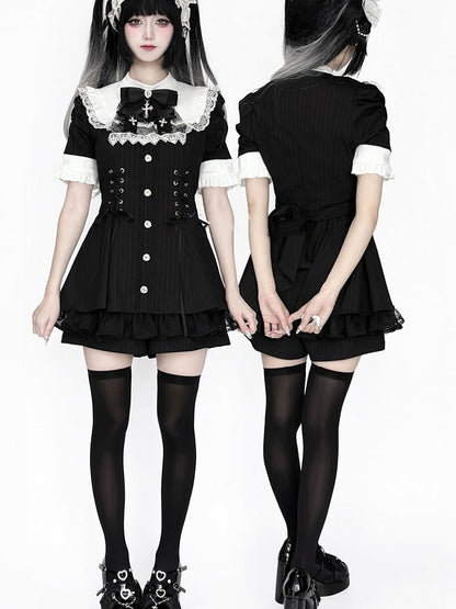 Set - Coord Jirai Striped Kei Waist Black Lace-Up