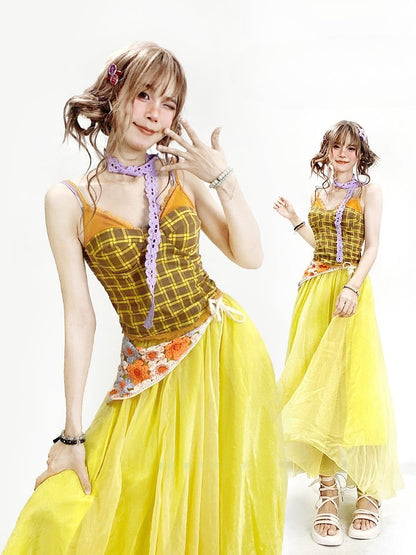 スカーフキャミトップパープルチェック柄Y2Kイエロー