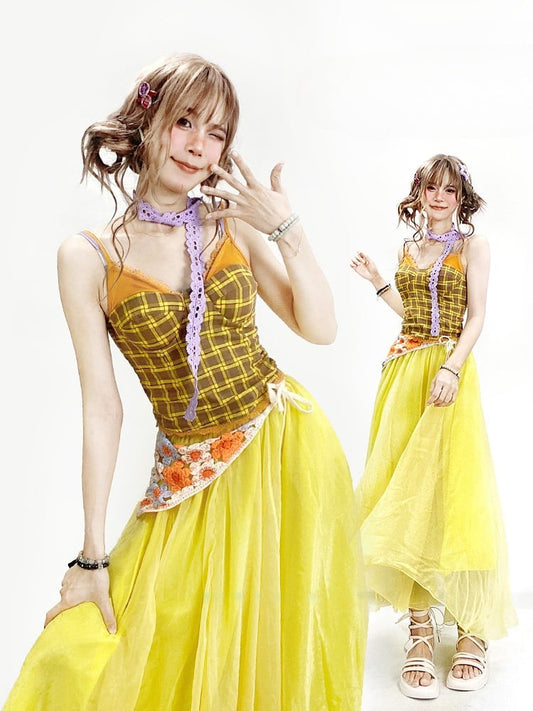 スカーフキャミトップパープルチェック柄Y2Kイエロー