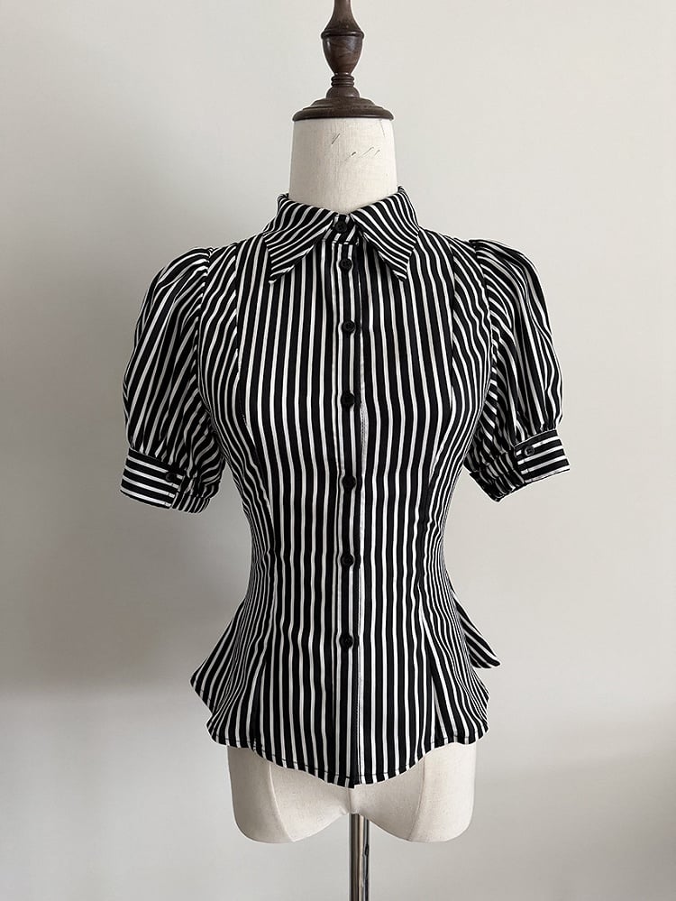 Black Striped Short Sleeve Gothic Lolita Blouse with Jabot - Flower Fairy Daily