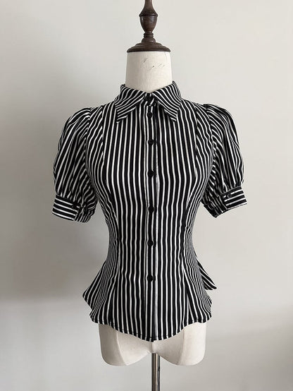 Black Striped Short Sleeve Gothic Lolita Blouse with Jabot - Flower Fairy Daily