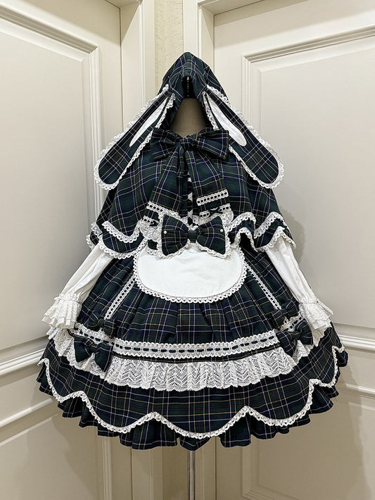 Green Plaid Bunny Ears and Cape Petal-like Trim Hooded with