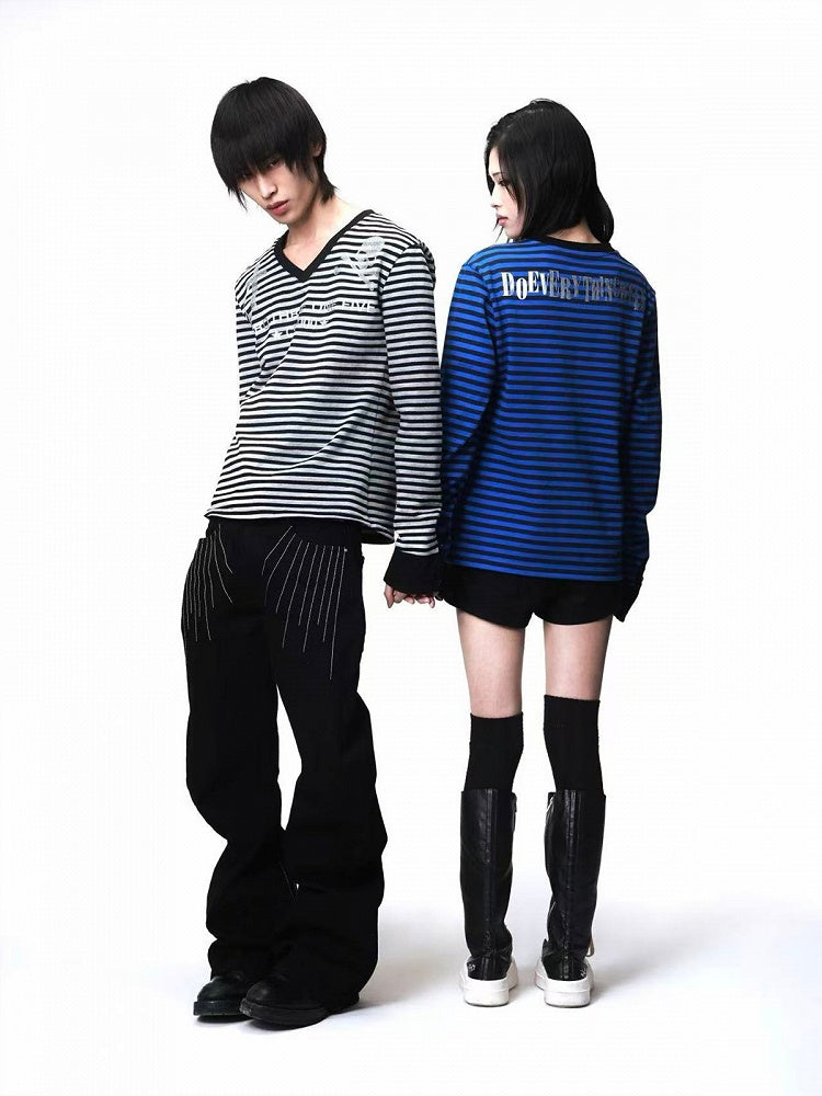 Genderless Black & Blue V-Neck Striped Long Sleeve Top Cross Skull Rhinestone