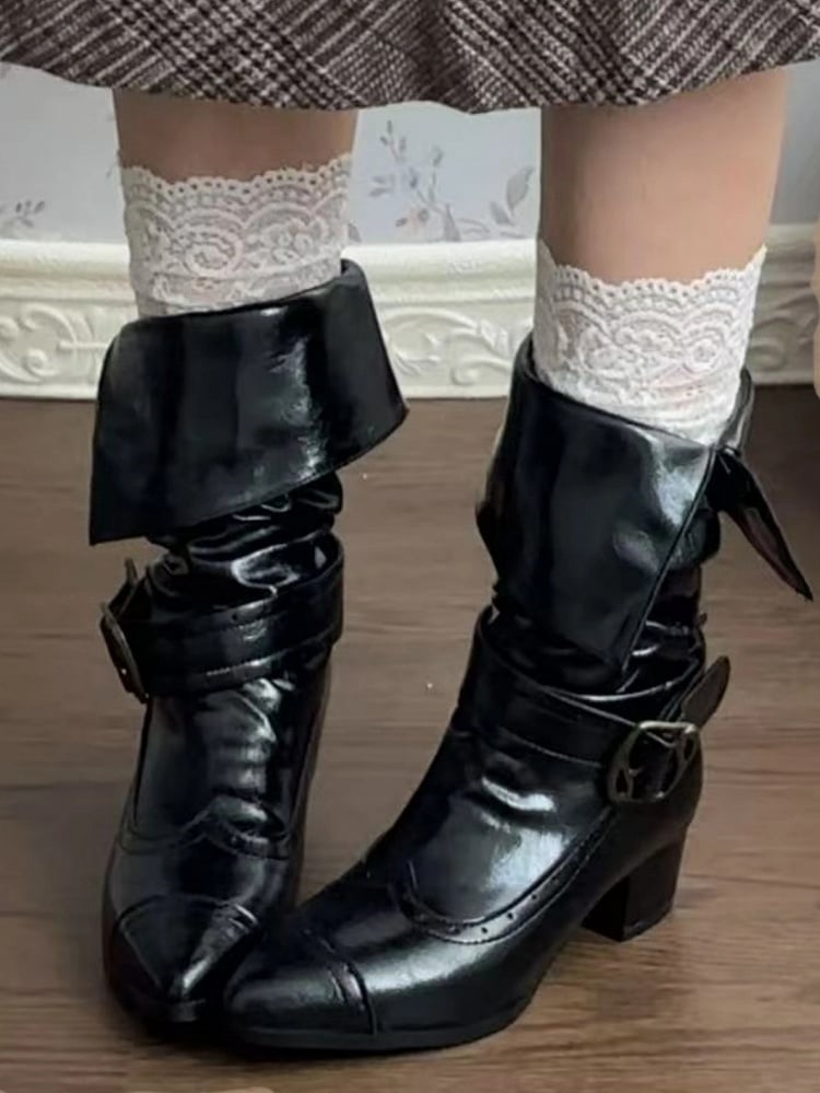 Toe Lolita Vintage - Mid-heel PU Pointed Classic Convertible Black with Inspired Cuff Boots Fasteners