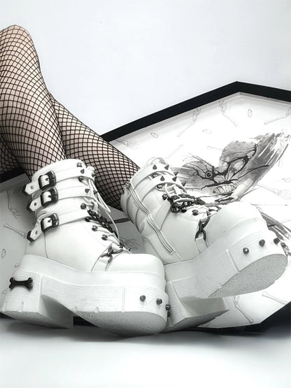 Straps with Studded Buckle White Details Platform Punk Boots
