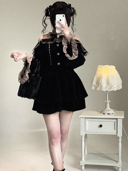 Cutout Lace Shoulder Jirai Heart 3 Colors Rhinestone Blouse Kei Button