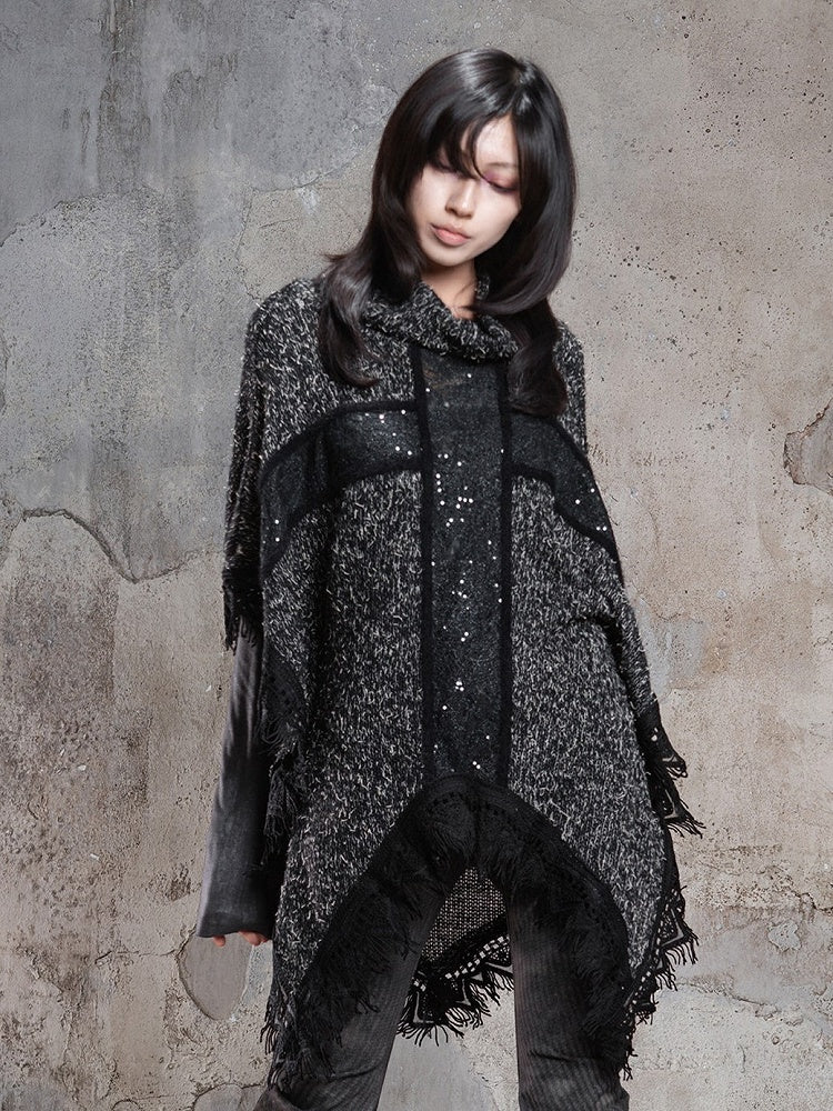 Cross Black Motif Raw Cape Punk and with Vintage Hem