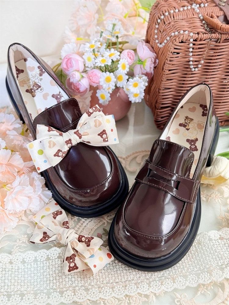 Bow Print School Brown Mid-heel Teddy Removable Bear Slip-Ons - with Preppy