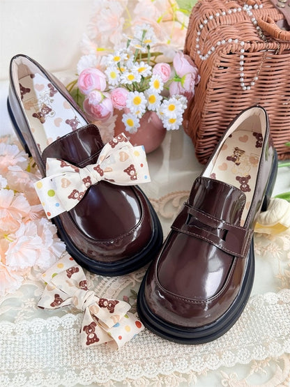 Bow Print School Brown Mid-heel Teddy Removable Bear Slip-Ons - with Preppy