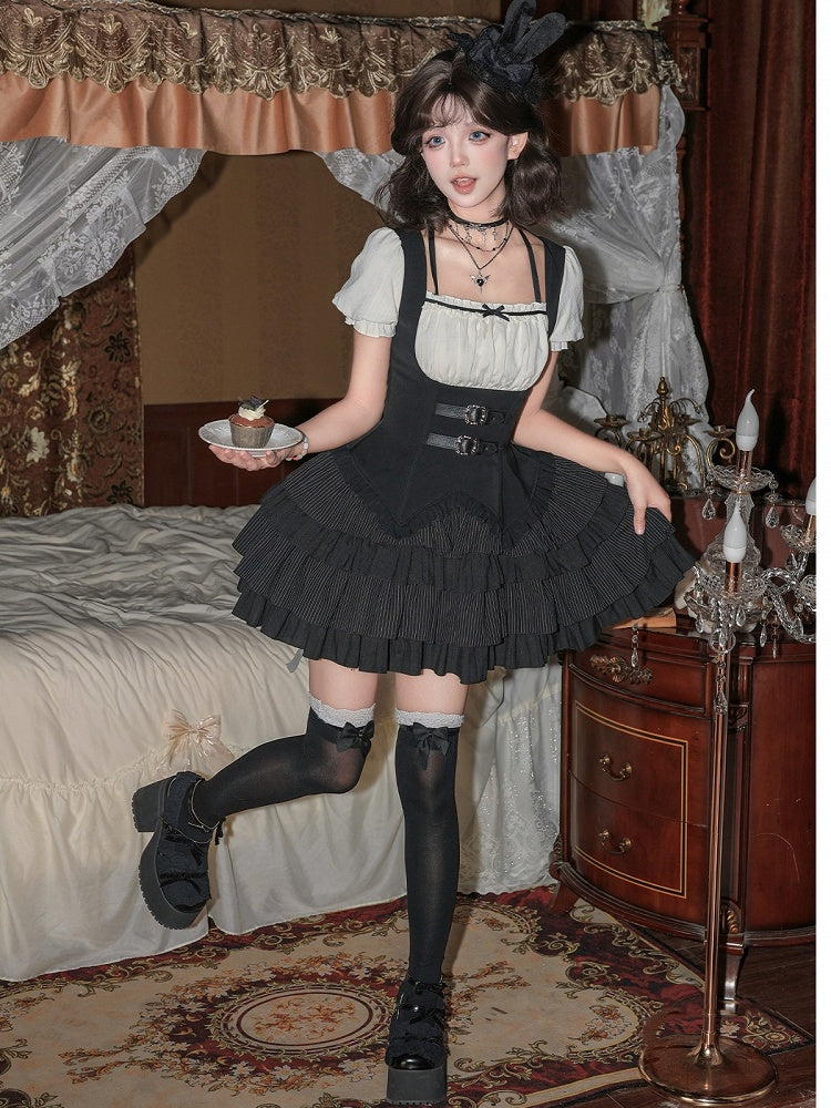 Black & White Striped Halter OP Dress with Necklace and Rabbit Hat - With PUJI