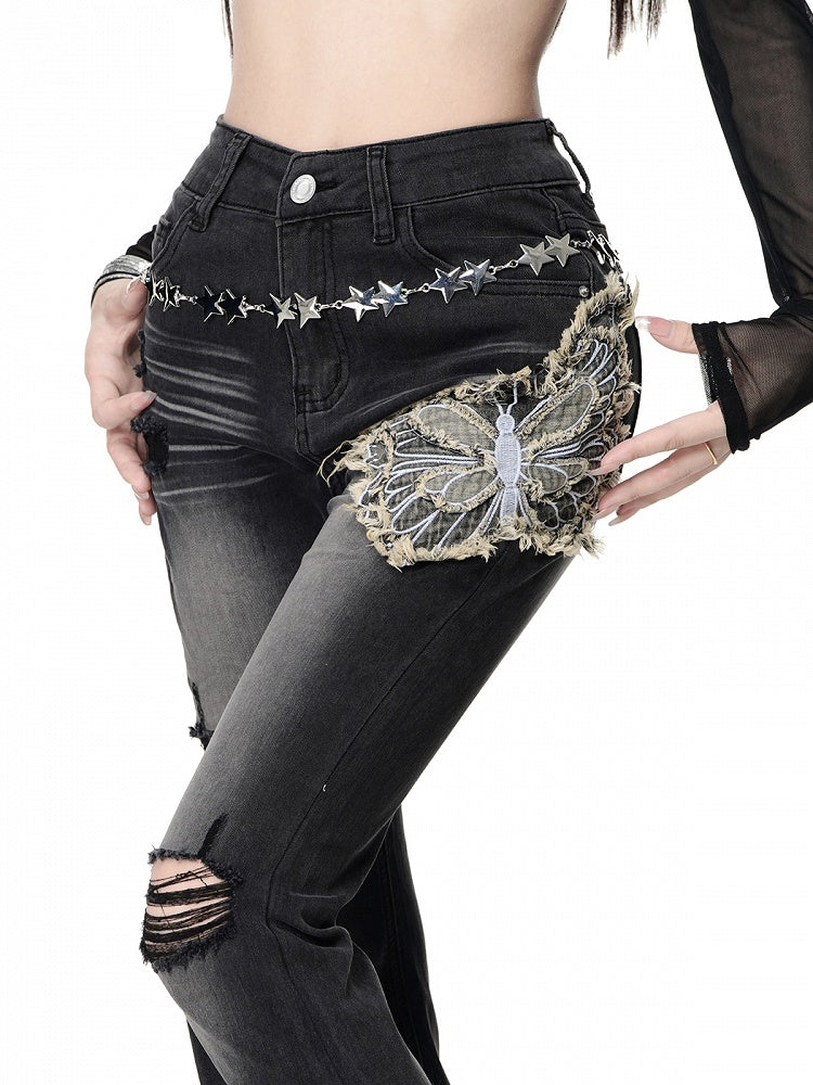 Black Butterfly Applique Distressed Fishtail Jeans - Kelly Kitty