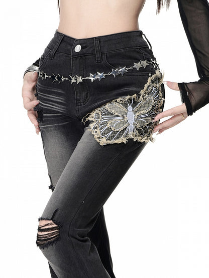 Black Butterfly Applique Fishtail Jeans with Distressed Holes - Kelly Kitty