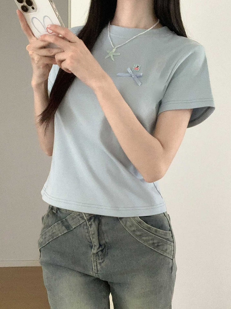 T-Shirt Rundhals Schleifendetail Blau