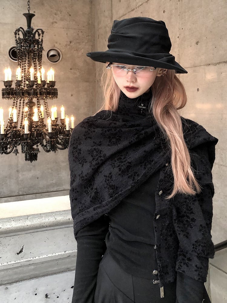 Asymmetrical Lace Button-Up Gothic Top Detachable Flocked Cape with
