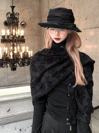 Asymmetrical Lace Button-Up Gothic Top Detachable Flocked Cape with