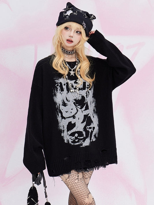 Black Cats Pattern Distress Trim Loose Sweater