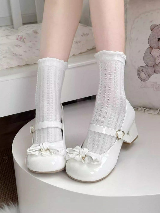 Bead - White Sweet Mid-heel Shoes -Toe Round Bow Lolita Mary Charm on Jane Top
