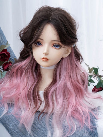 ピンクブラックのオンブレロングウェーブ合成ウィッグ（カーテンバング付き）