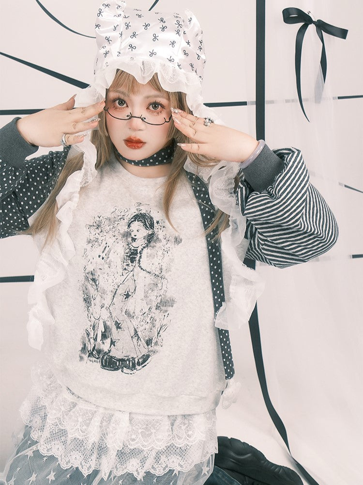 Print Anime with Girl Polka Size Striped Y2K Sleeve White Top Plus Dot