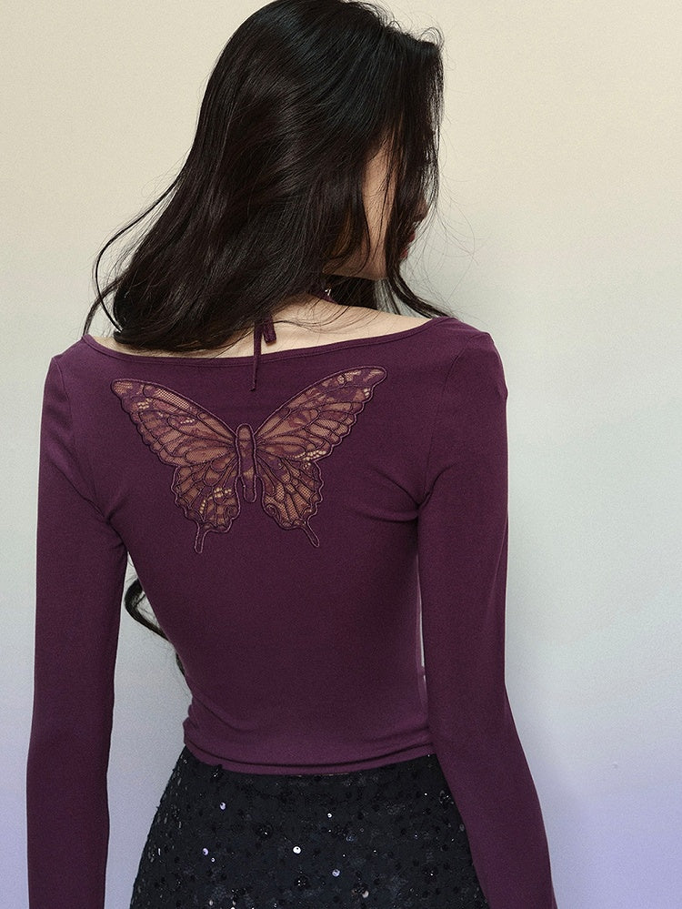 Purple Lace Butterfly Cutout Halter Neck Long-Sleeve Top