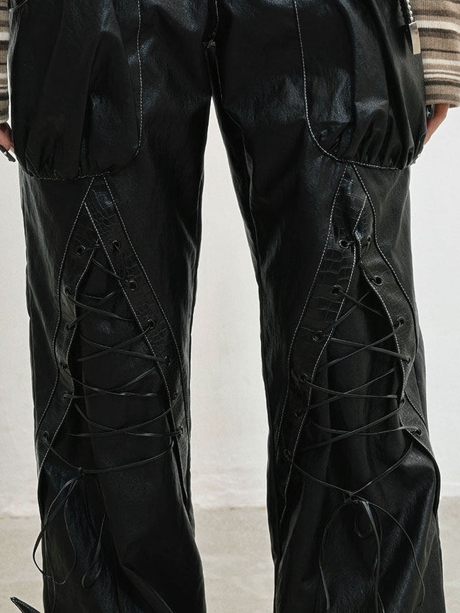 PU Punk Rock Black with Lace-Up Details Pants