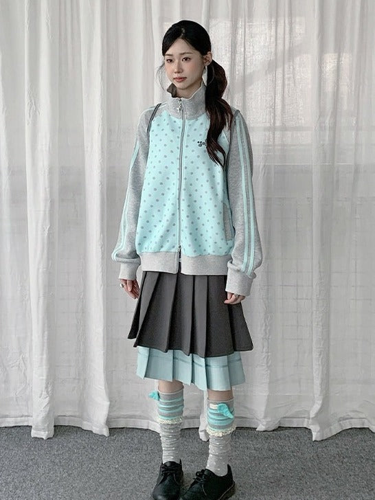 Mint Blue Y2K Polka-Dot Zip-Up Jacket with Stand Collar Design - Solkatt