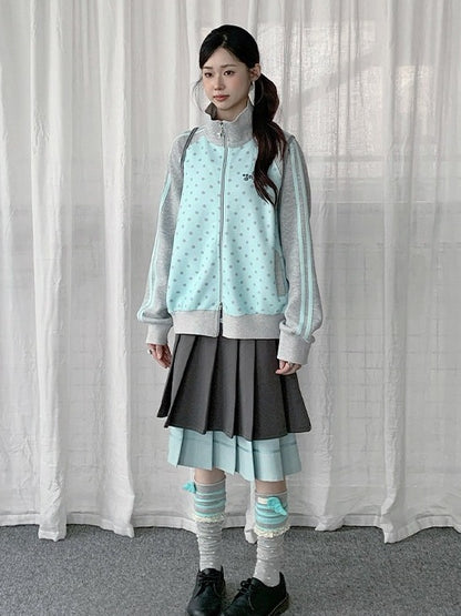 Mint Blue Y2K Polka-Dot Zip-Up Jacket with Stand Collar Design - Solkatt