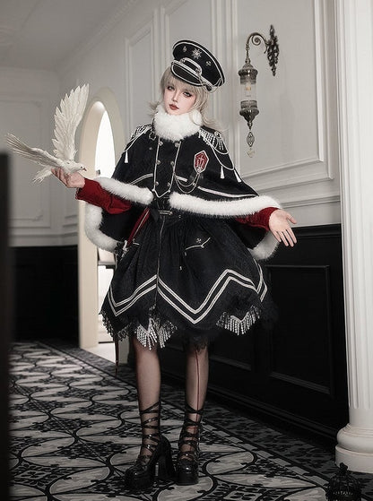 Double White Breasted with Tassel Faux Cape Black Fur-Trimmed Lolita Decoration and Military Buckle