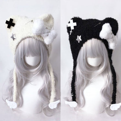 Options Beanie Ears Bone with 2 Knit Cross Bear Details