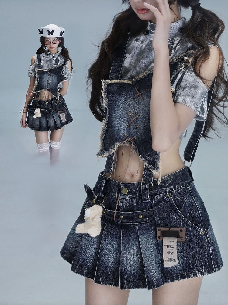 Blue Front Dusty Pleated Overall Shape Skirt with Punk Convertible Star Denim Distressed Dress