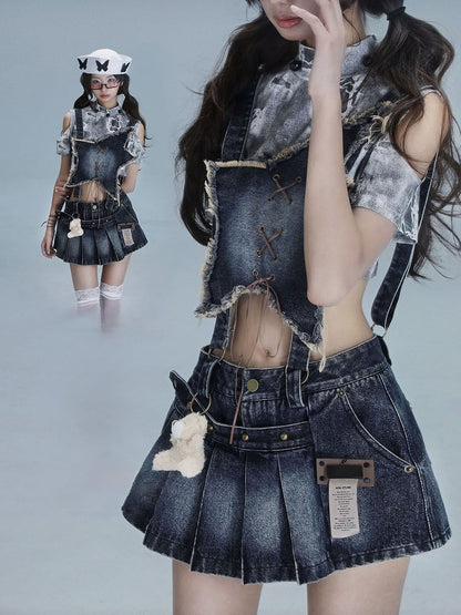 Blue Front Dusty Pleated Overall Shape Skirt with Punk Convertible Star Denim Distressed Dress