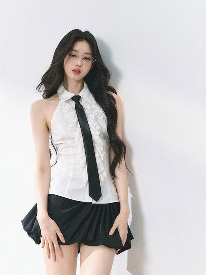 White Ruffled Lace Trim Sleeveless Shirt with Free Tie