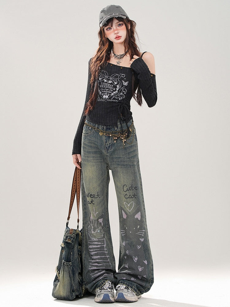 Denim Blue Cute Kitties Faded Wash Wide-leg Cut Jeans