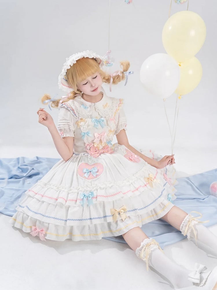 Bowknots White Macaron Color Ruffled Lace Trim Bonnet