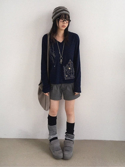 Vintage Y2K Navy Blue Letter Print V-Neck Long Sleeve Top with Iron Gate Patch - innomoood
