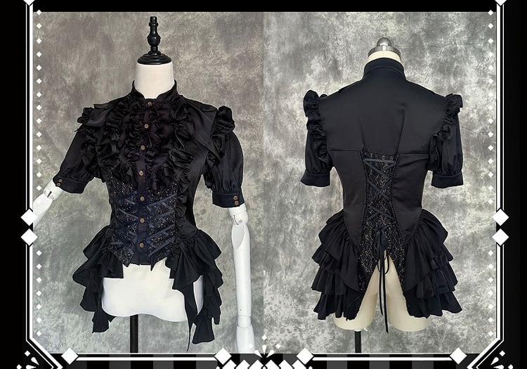 Accents Black Sleeves Shirt Short Ruffle with Ouji Lolita Gothic