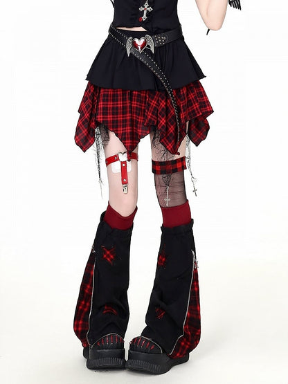 Sweet Edgy Kawaii Red Black Plaid Asymmetrical Hem Skirt - CRAZY GIRL