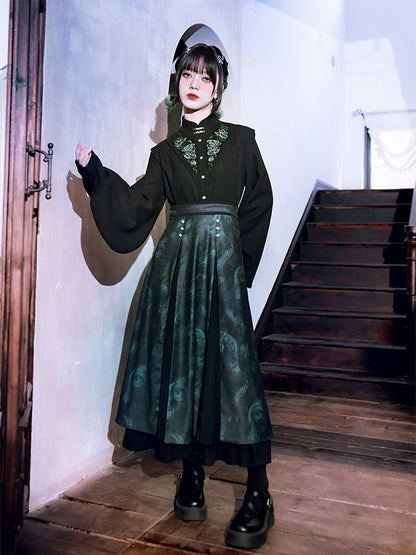 Sleeve with Bishop Blouse Snake Triangular Embroidery Gothic Black Insets Green Cheongsam