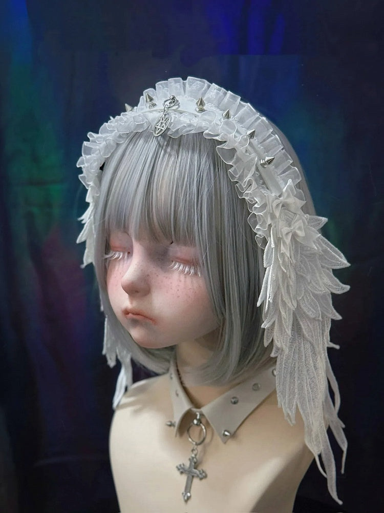 Style with Wing Rivet Leather Hairband Dark Angel Strap Alternative White